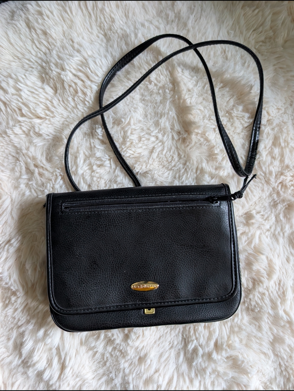 Black Pebbled Leather Crossbody Bag with Gold Accent